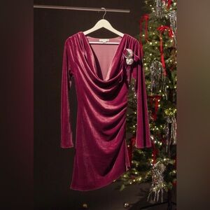 ASOS Velvet Draped Long-Sleeve Dress in Burgundy